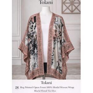 Tolani 2X Reg Printed Open Front 100% Modal Woven Wrap Raelyn‎ Black Floral NWT